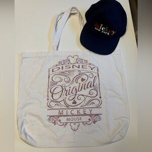 Disney Original Mickey Mouse White & Pink Tote and Navy Baseball Cap Bundle